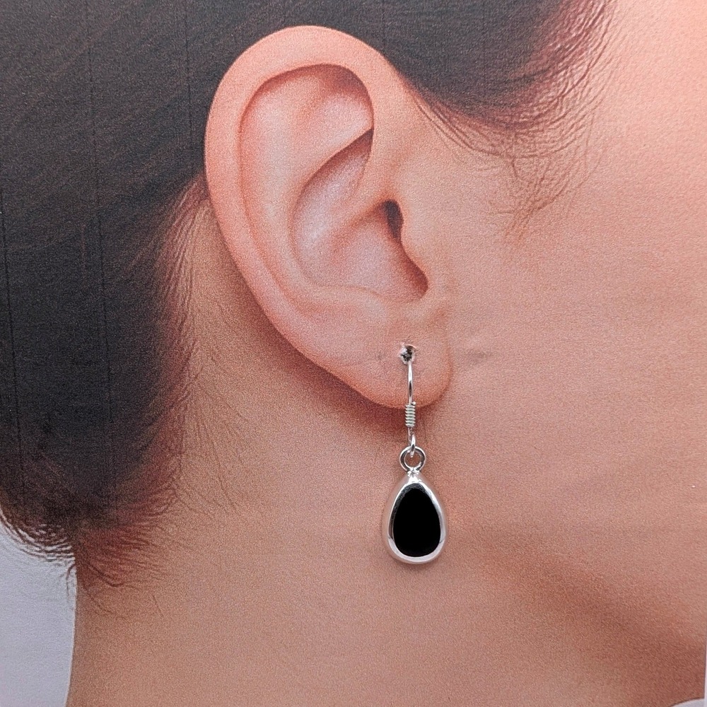 Vintage Mexican 950 Silver Black Onyx Teardrop Dangle Earrings MEX 950
